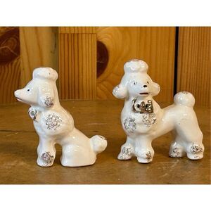 LOT OF 2 VINTAGE PORCELAIN CERAMIC MINIATURE POODLE DOG FIGURINES (8174)